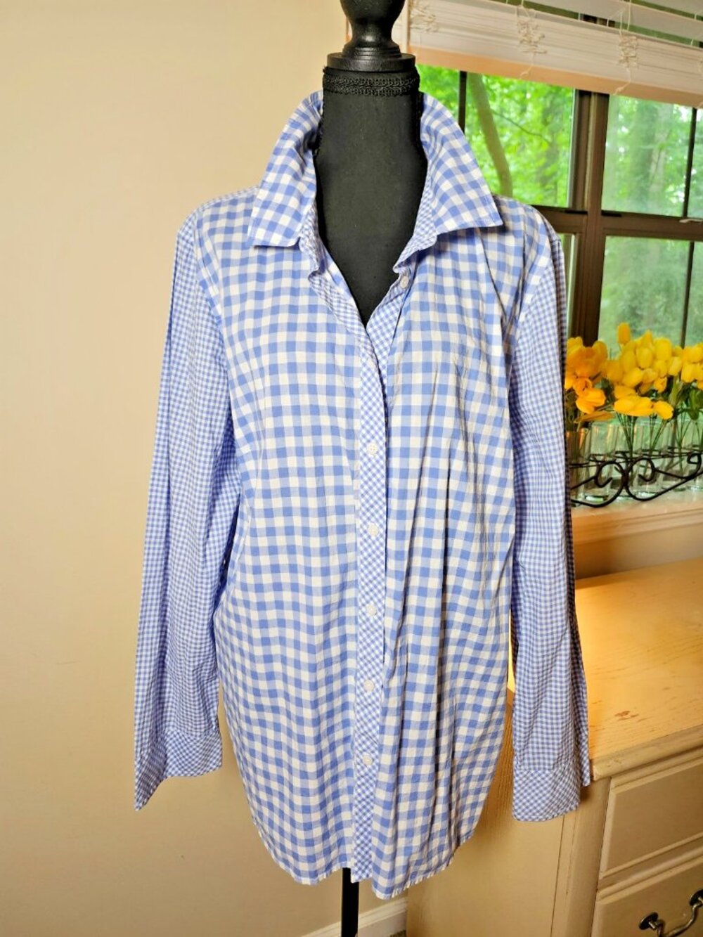 Talbots XL Light Blue Mix Gingham Cotton Shirt Coastal Grandma Cottagecore Chic